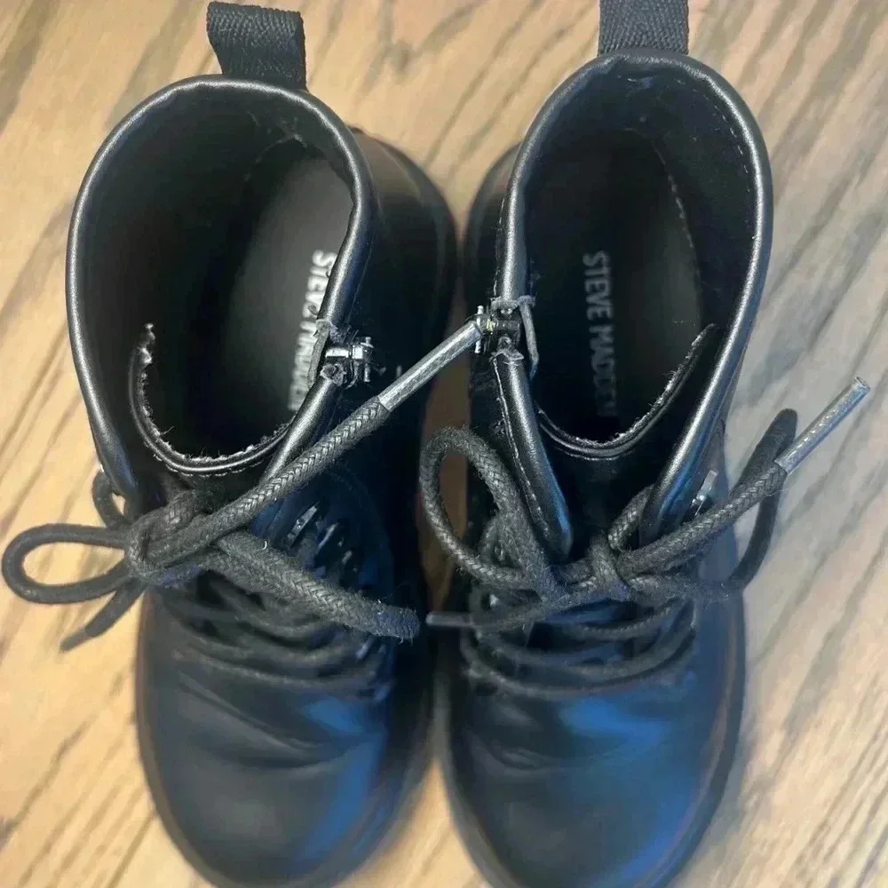 Steve Madden Girls J Shortie Lace Up Side Zipper Black Boots Size 1 M